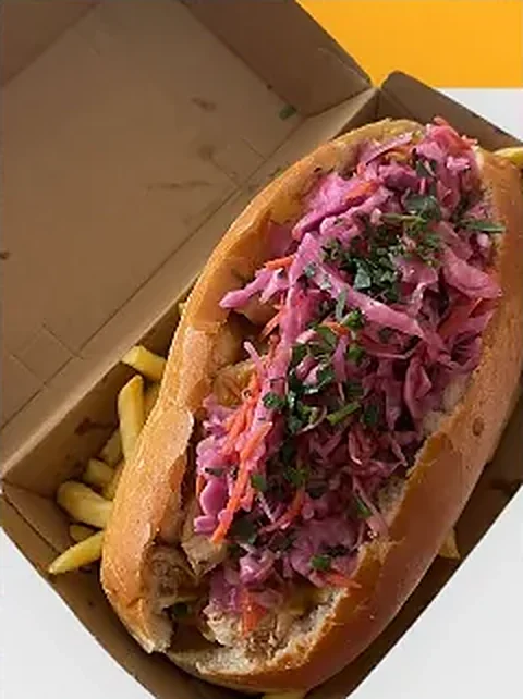 Pulled chicken roll with slaw and fries